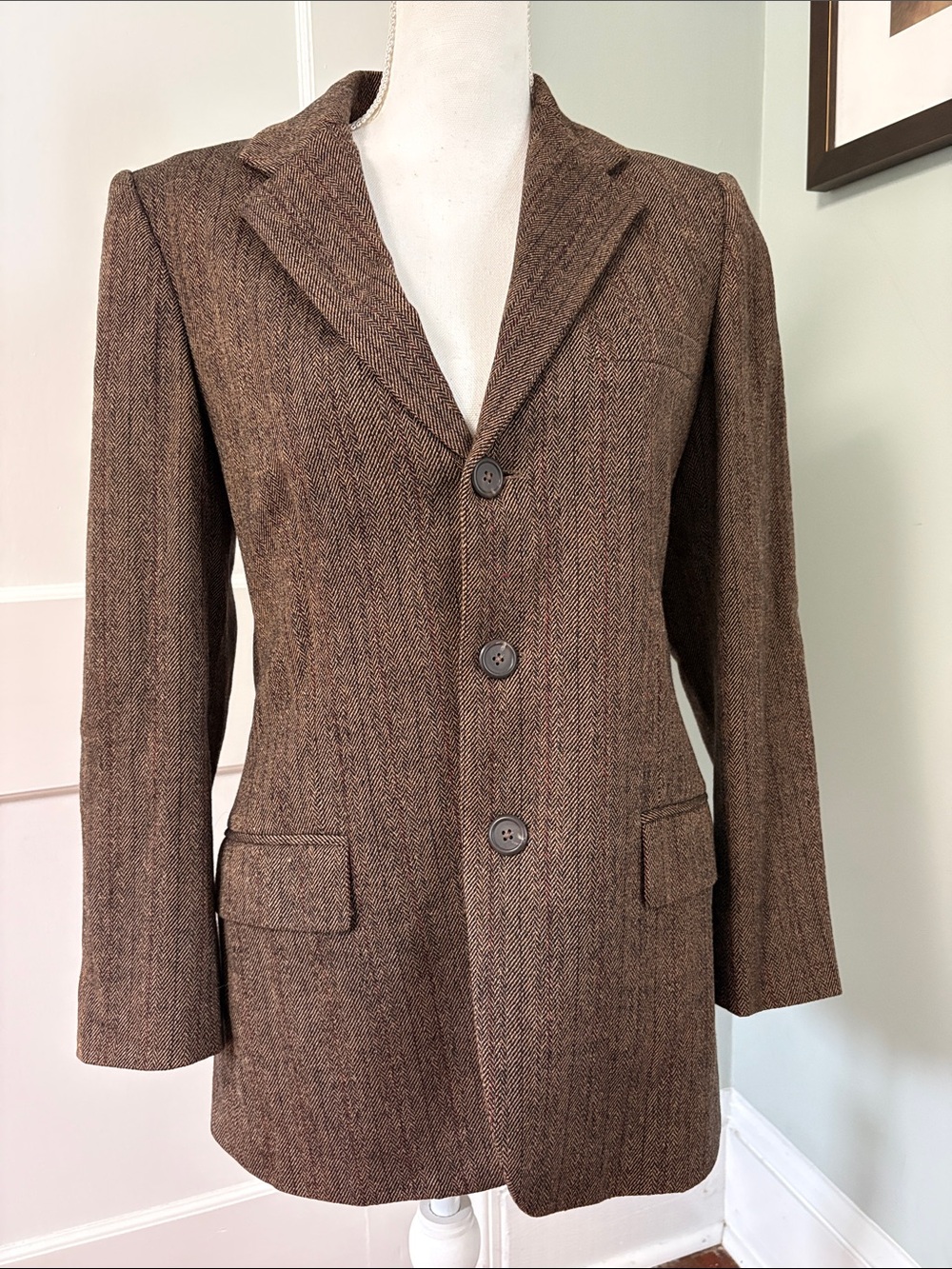 Vintage Ralph Lauren Blue Label Wool Herringbone 3-Button Blazer Women’s Size 8